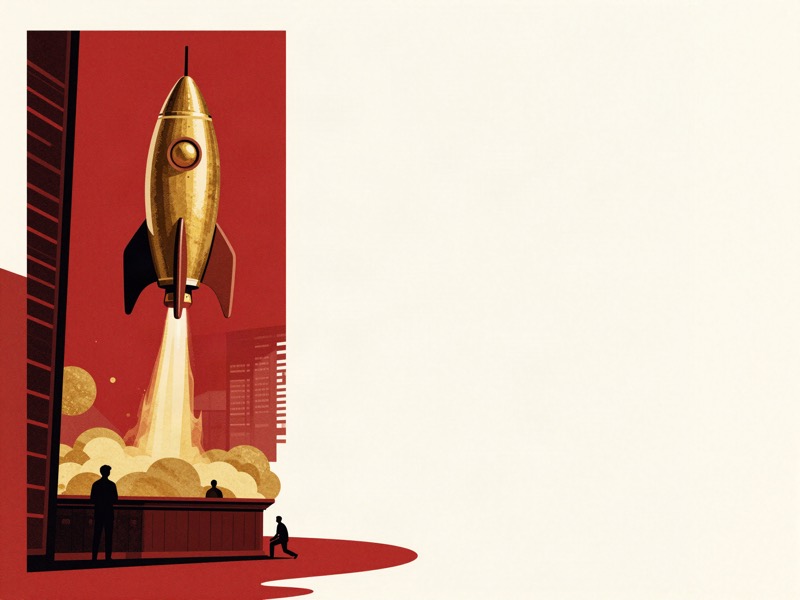 A rocket shaped like a brass bell lifting off from a trading floor