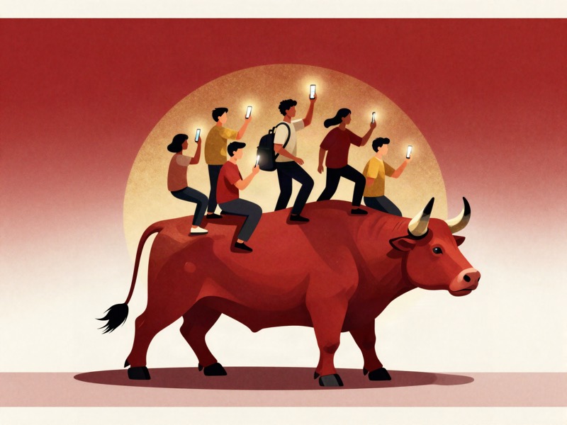 A crowd of people holding phones riding on the back of a giant charging bull