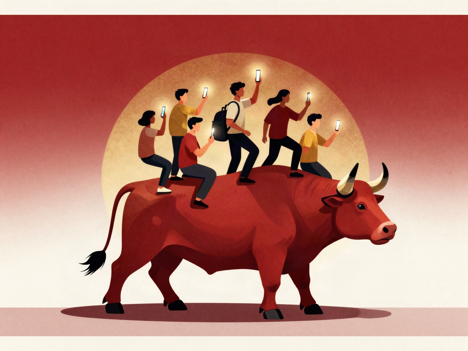 A crowd of people holding phones riding on the back of a giant charging bull