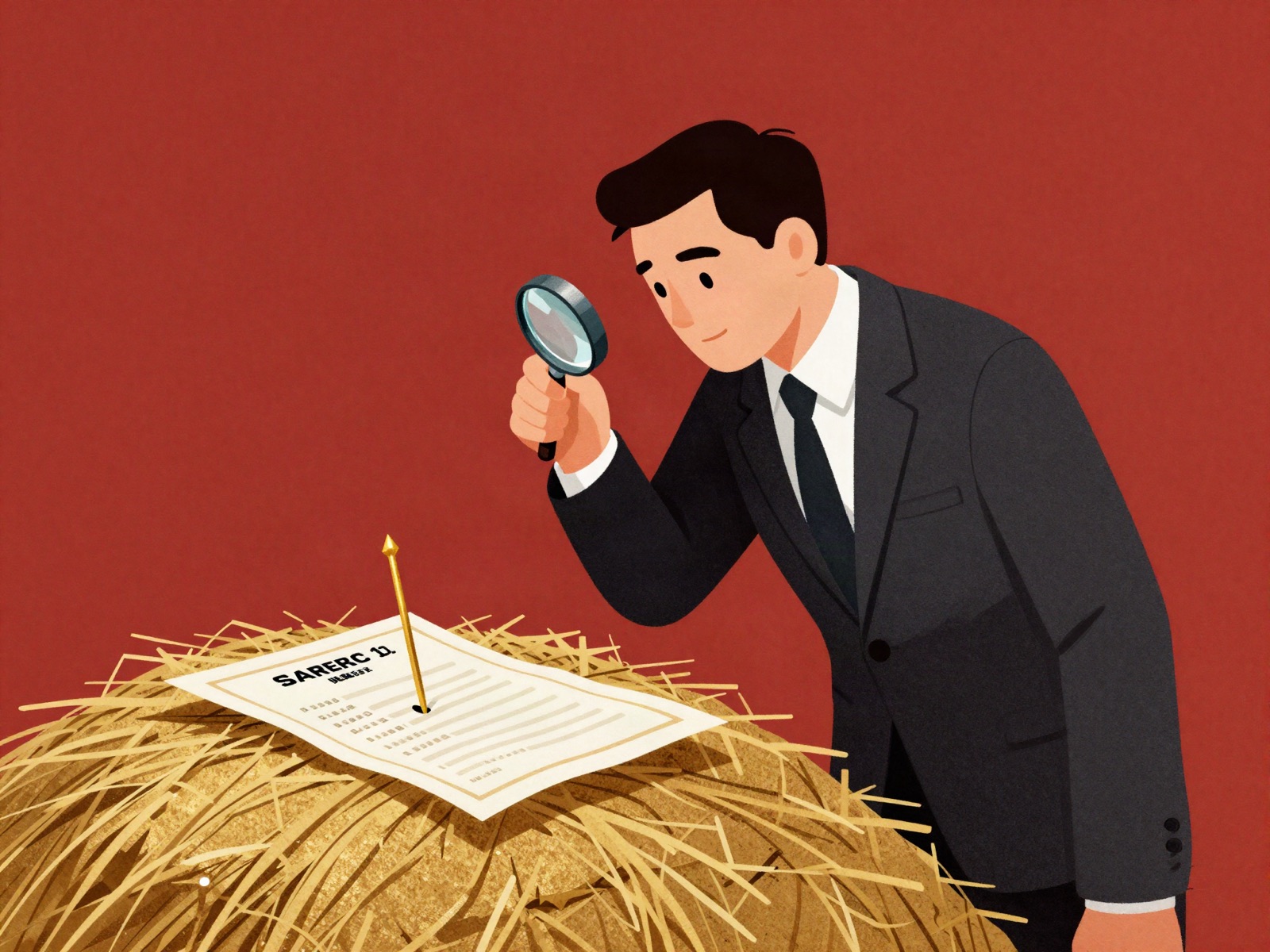 A man with a magnifying glass searching a haystack of share certificates for a single golden needle